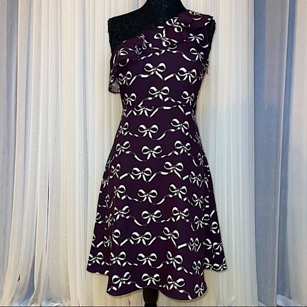 Banana Republic womens 6P one-shoulder dress dark purple with white bow print